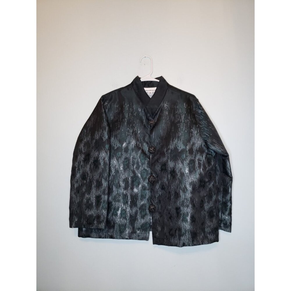 Caroline Rose Womens M Peacock Print Jacket 3/4 Sleeve Mandarin Band Collar